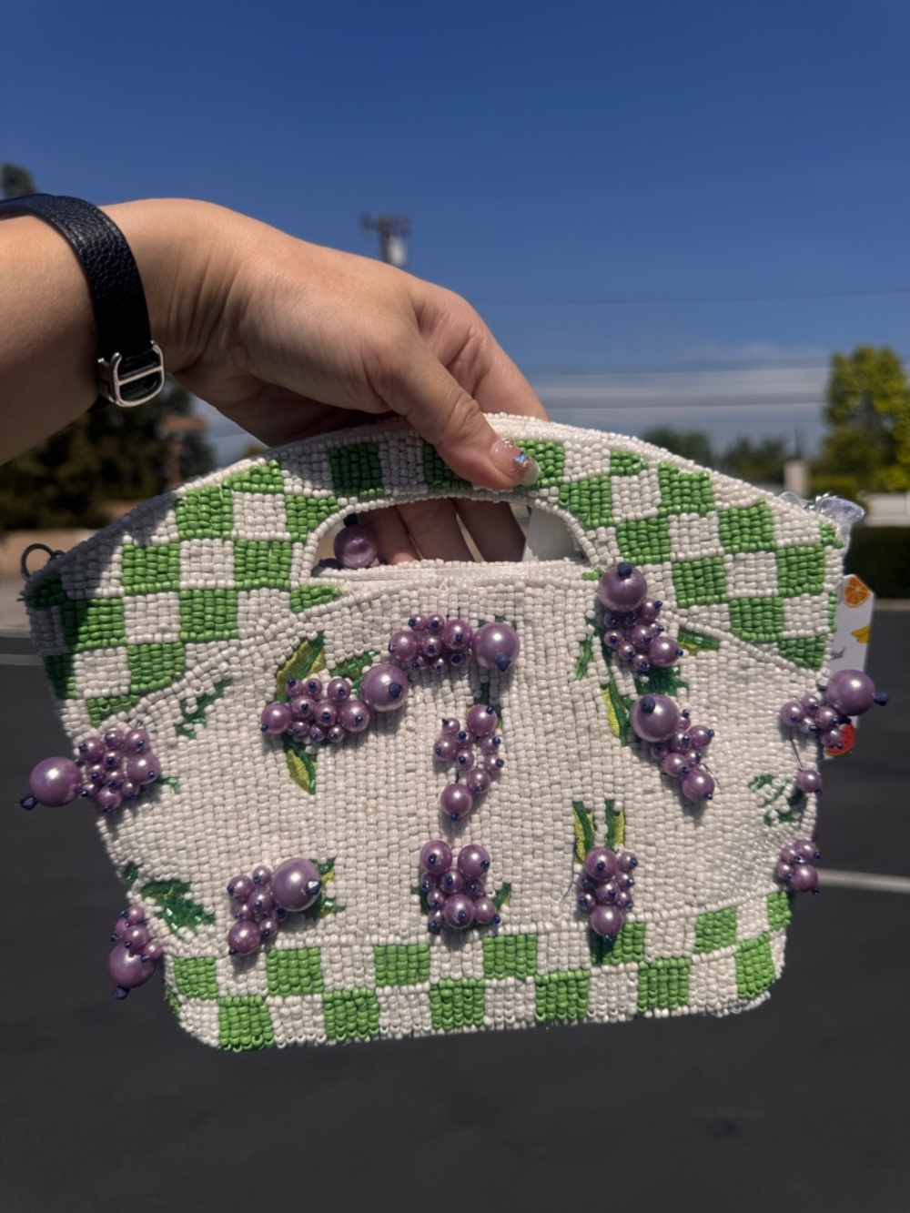 Beaded White & Green Grape Accent Handbag
